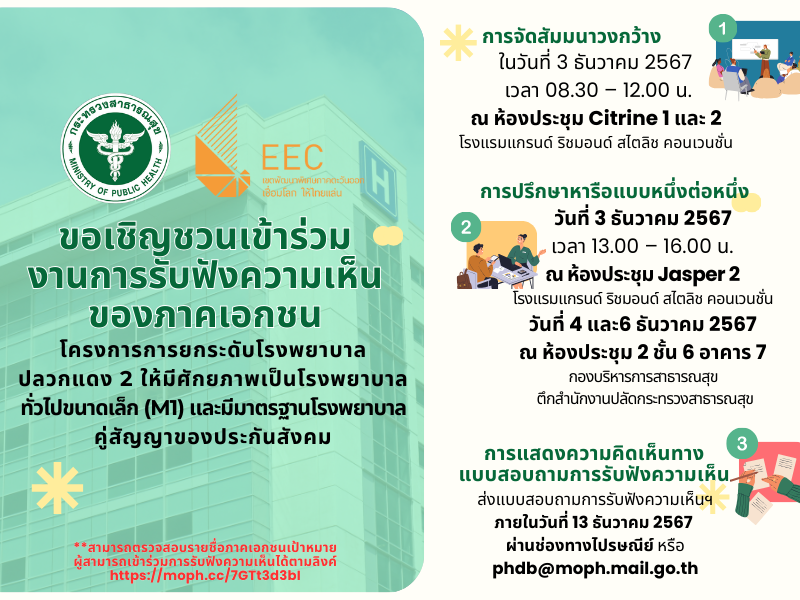 การรับฟังความคิดเห็นจากภาคเอกชน (Market Sounding) โครงการการยกระดับโรงพยาบาลปลวกแดง 2 ให้มีศักยภาพเป็นโรงพยาบาลทั่วไปขนาดเล็ก (M1) และมีมาตรฐานโรงพยาบาลคู่สัญญาของประกันสังคม