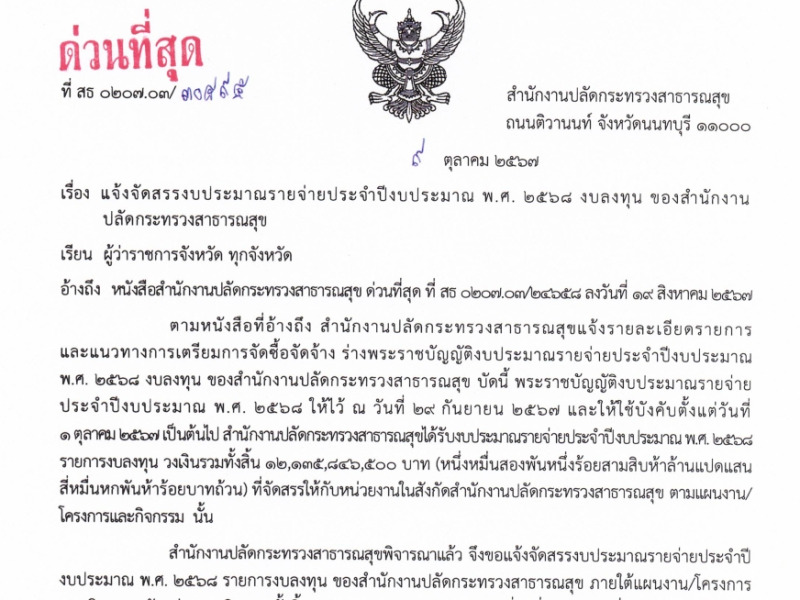 แจ้งจัดสรรงบประมาณรายจ่ายประจำปีงบประมาณ พ.ศ. 2568 งบลงทุน ของสำนักงานปลัดกระทรวงสาธารณสุข