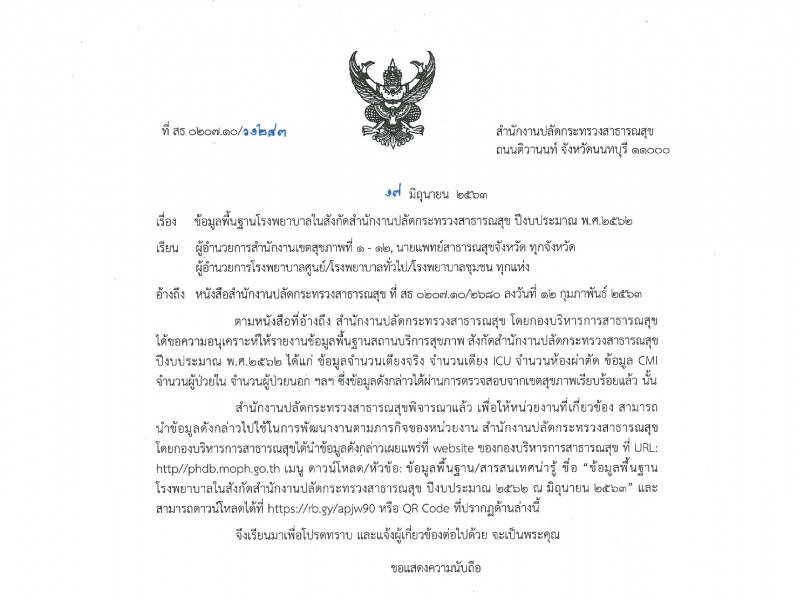 ข้อมูลพื้นฐานโรงพยาบาลในสังกัดสำนักงานปลัดกระทรวงสาธารณสุข ปีงบประมาณ พ.ศ.2562