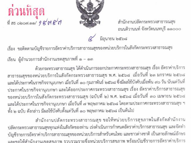 ติดตามบัญชีรายการอัตราค่าบริการสาธารณสุขตามประกาศกระทรวงสาธารณสุข