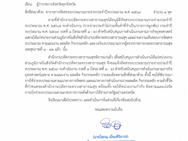 แจ้งจัดสรรงบประมาณรายจ่ายประจำปีงบประมาณ พ.ศ. 2569 งบดำเนินงาน งวดที่ 1 สำหรับสนับสนุนการดำเนินงานตามภารกิจยุทธศาสตร์เฉพาะ ตามแผนงาน ผลผลิต กิจกรรมหลักฯ