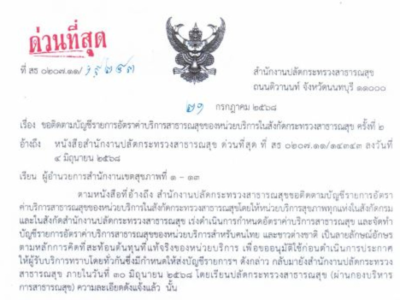 ติดตามบัญชีรายการอัตราค่าบริการสาธารณสุขตามประกาศกระทรวงสาธารณสุข ครั้งที่ 2
