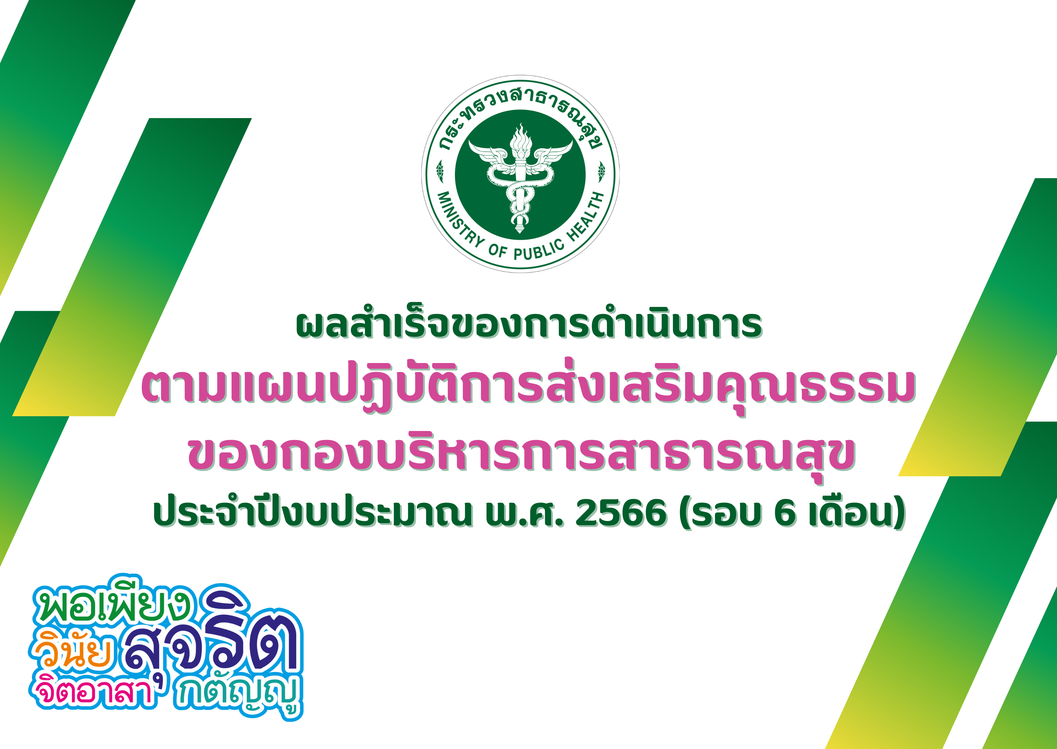 ผลสำเร็จของการดำเนินการตามแผนปฏิบัติการส่งเสริมคุณธรรมของกองบริหารการสาธารณสุข ประจำปีงบประมาณ พ.ศ. 2566 (รอบ 6 เดือน)